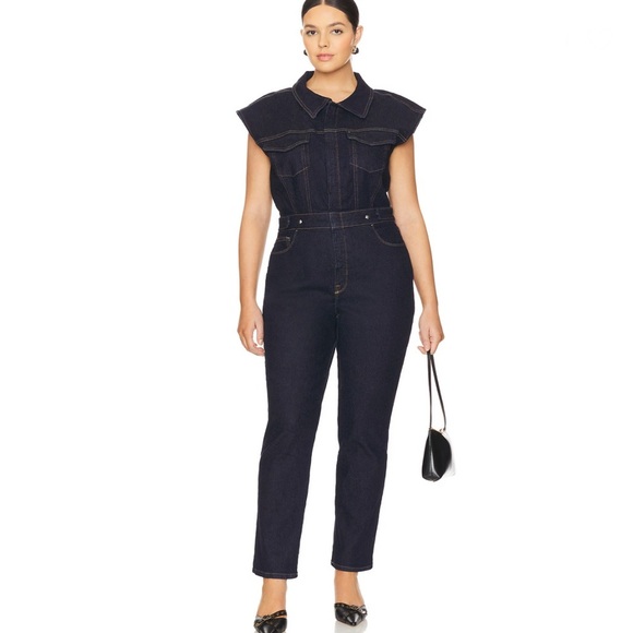 NWT Good American Indigo Trucker Sleeveless Collar Zip/Button Denim Jumpsuit (L) - Picture 1 of 16